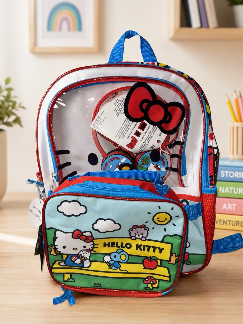 NWT 4 Piece Hello Kitty Backpack with Water Bottle Headphones & Lunch Bag